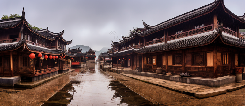 古城建筑风格灯笼下雨天气实拍摄影图,高清,摄影图,摄影图片,图片大全,摄影图免费下载